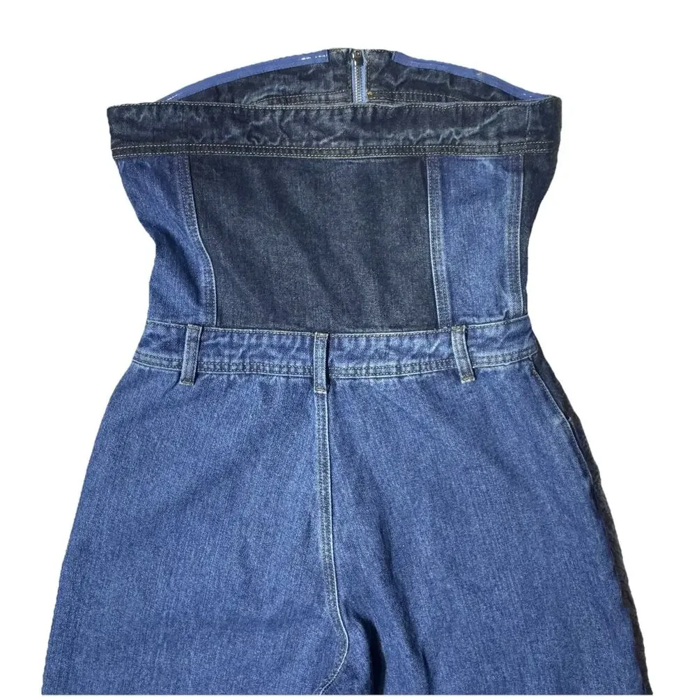 Nasty Gal Denim Wide Leg Patchwork Strapless Jumpsuit US 8 UK 12 Boho - Picture 7 of 7